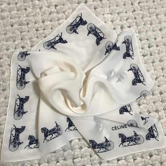 CELINE PARIS Horse Carriage Logo Silk Scarf White - Picture 3 of 7